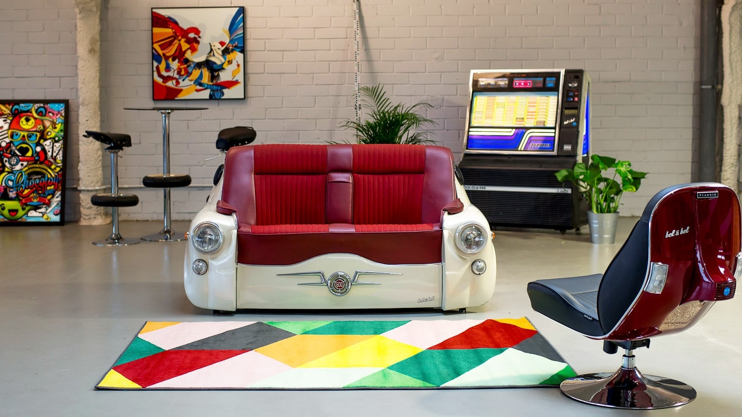 Car Sofa Ivory and Maroon Palette Upcycled Vintage Car Sofa