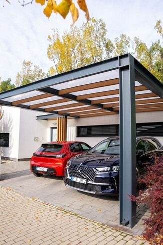 Carport Charcoal I Beam and Wood Slat Ceiling Design