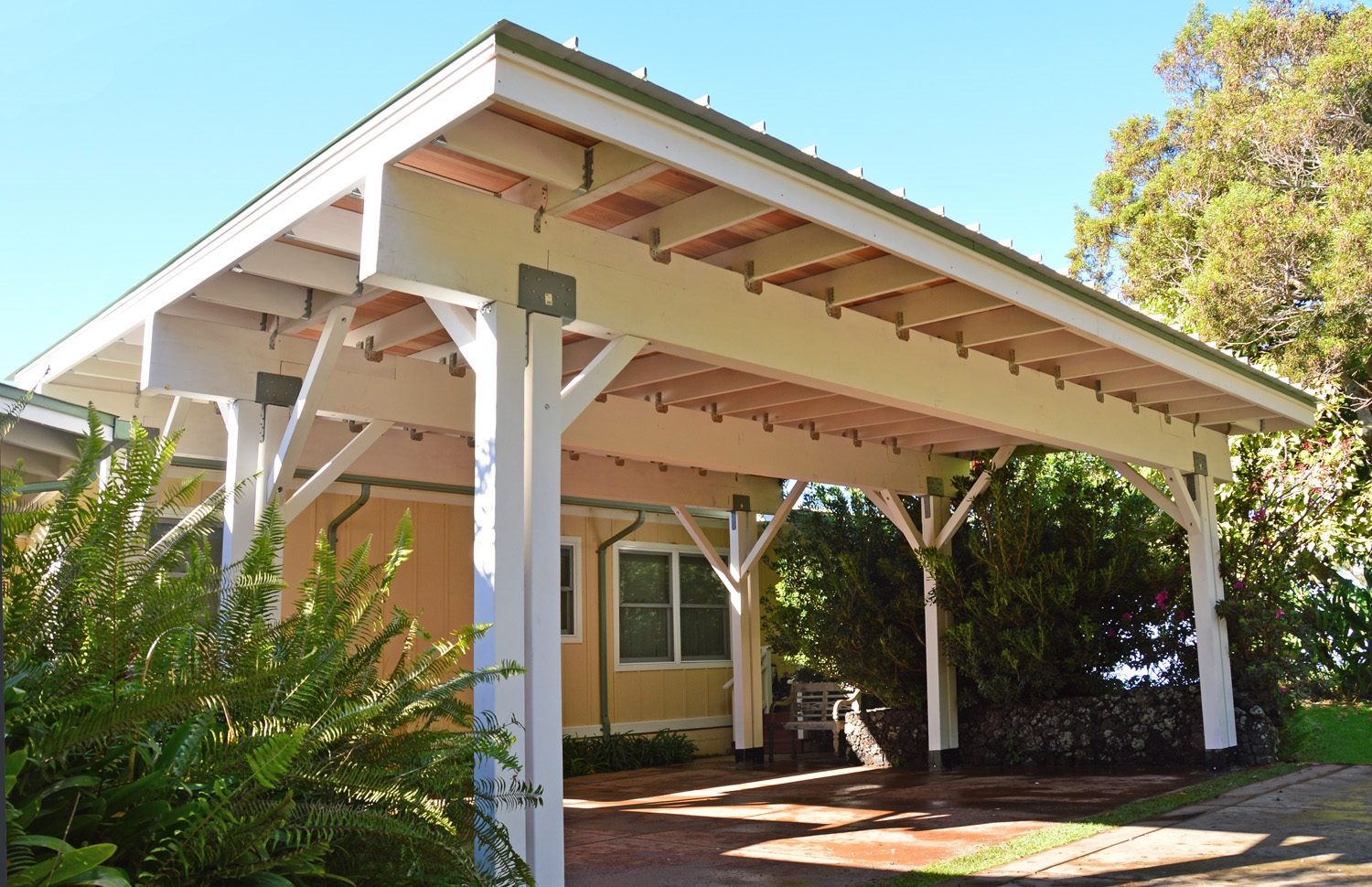 Carport Pavilion White Painted Frame and Exposed Wood Ceiling