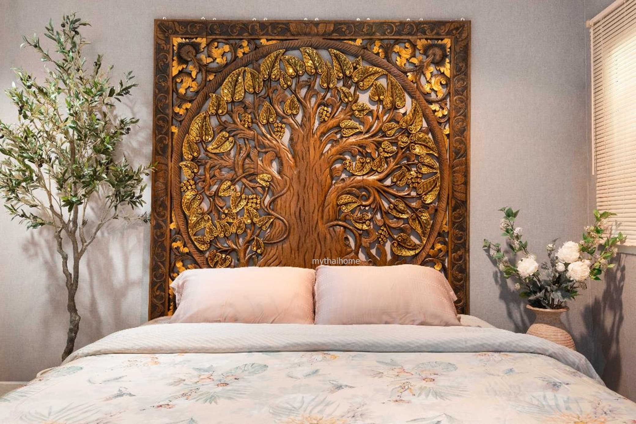 Carved Headboard Gold Tree of Life Teak Wall Art Panel
