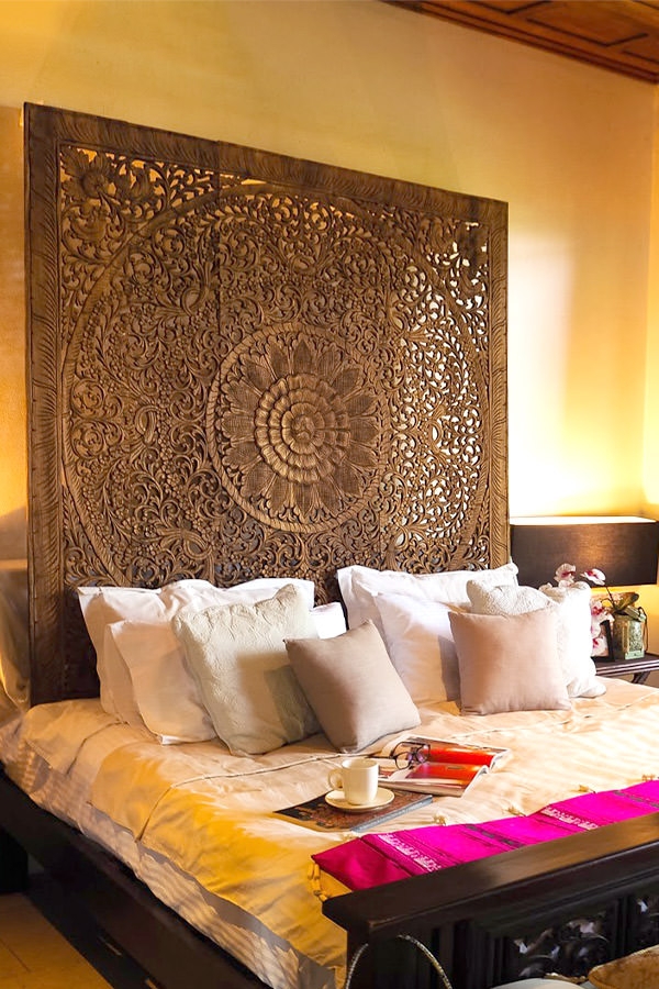 Carved Wall Headboard with Lotus Center Motif Tropical
