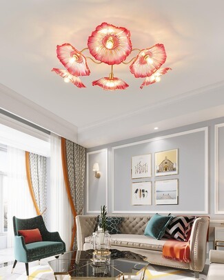 Ceiling Light Pink Glass Flower Petal Glam Living Room Lamp