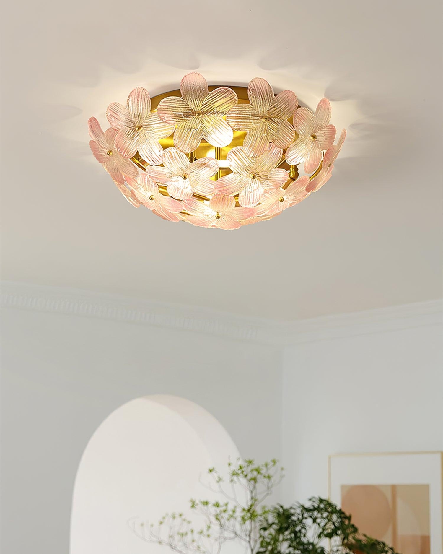 Ceiling Light Pink Gradient Ribbed Floral Layered Glass