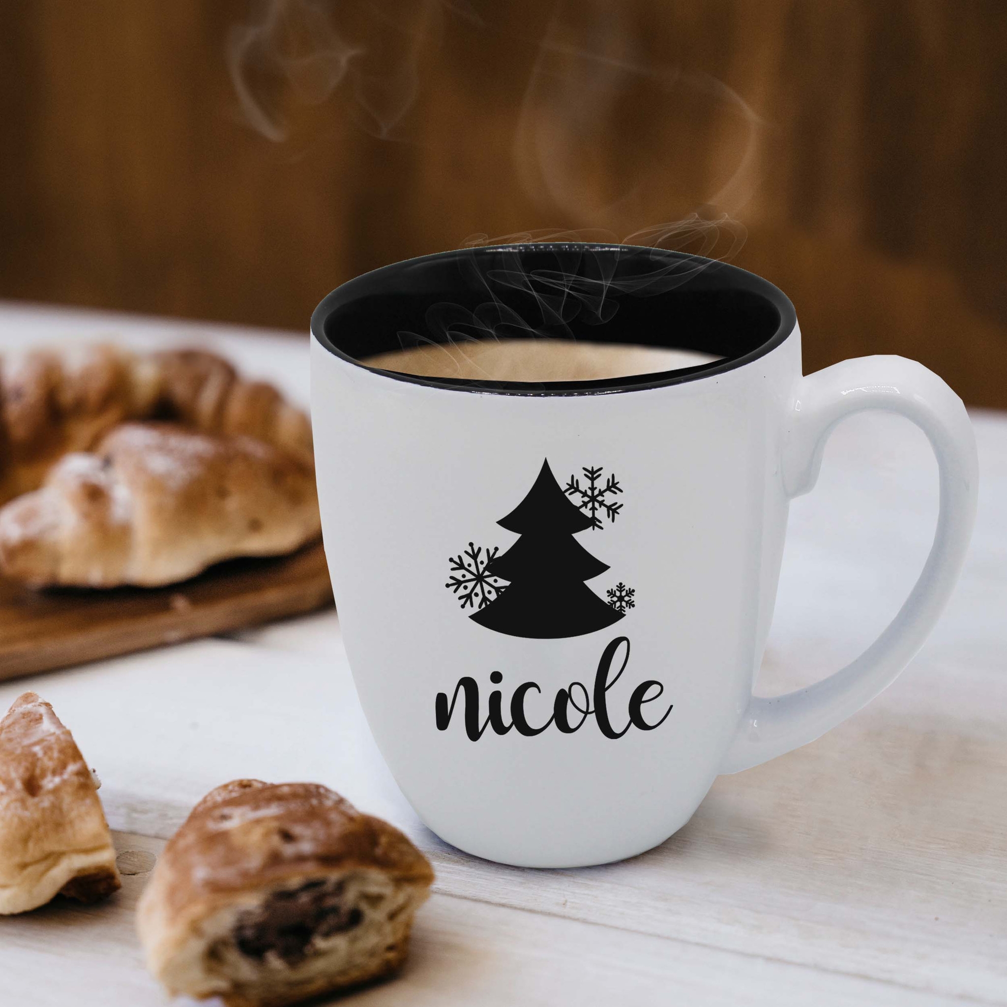 Ceramic Mug: Black Interior Personalized Name Minimalist Tree Cup