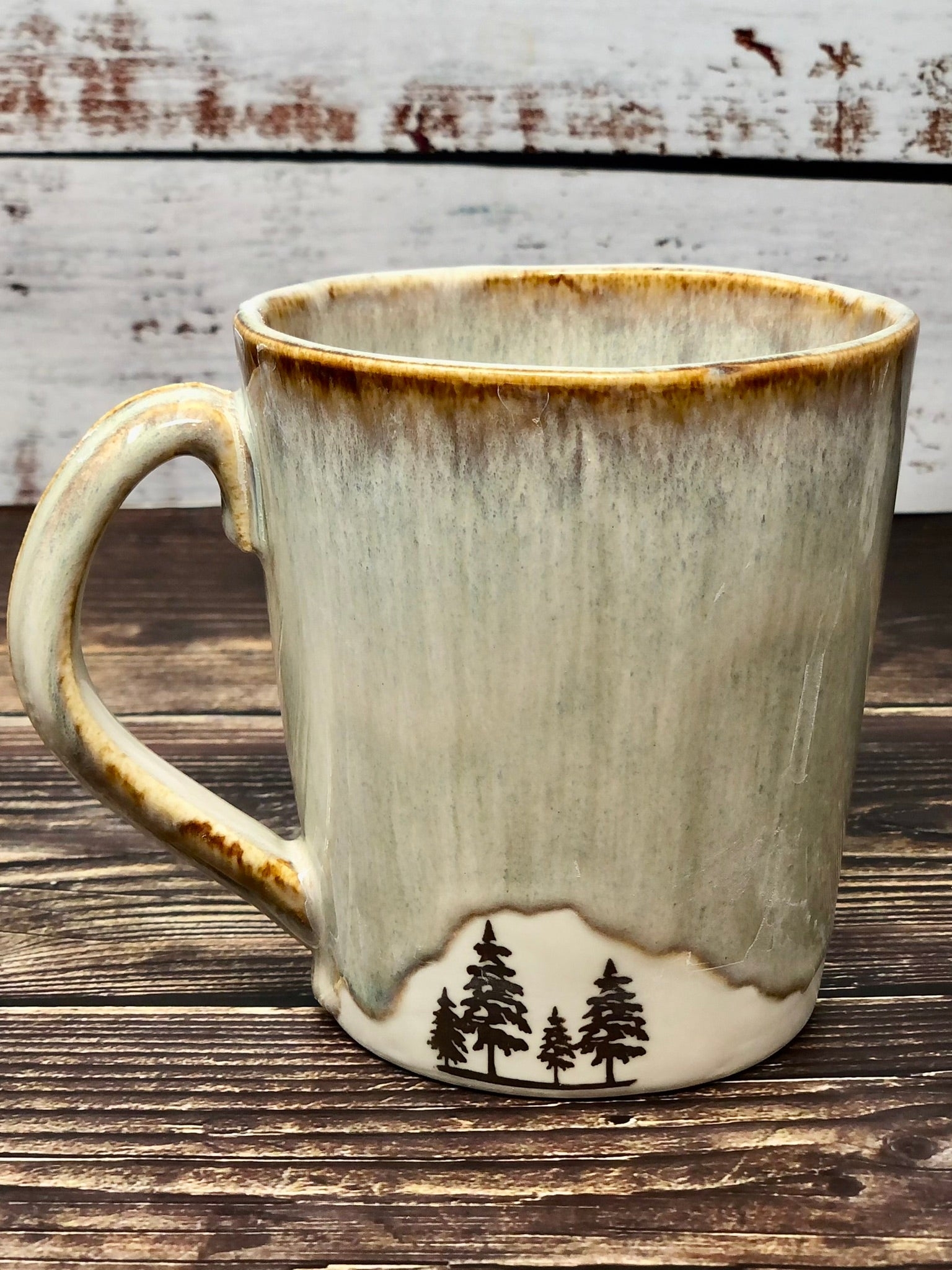 Ceramic Mug with Drip Glaze in Sage Green and Pine Tree Silhouette