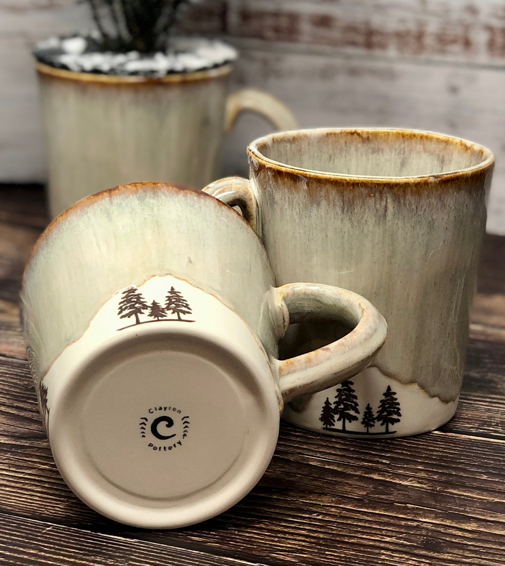 Ceramic Mug with Dripped Glaze and Stamped Pine Tree Artisanal Look