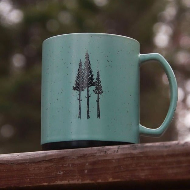 Ceramic Mug with Sage Speckled Finish and Rustic Three Tree Graphic