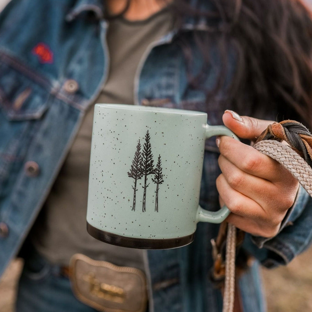 Ceramic Mug with Three Tree Graphic and Sage Speckled Matte Finish