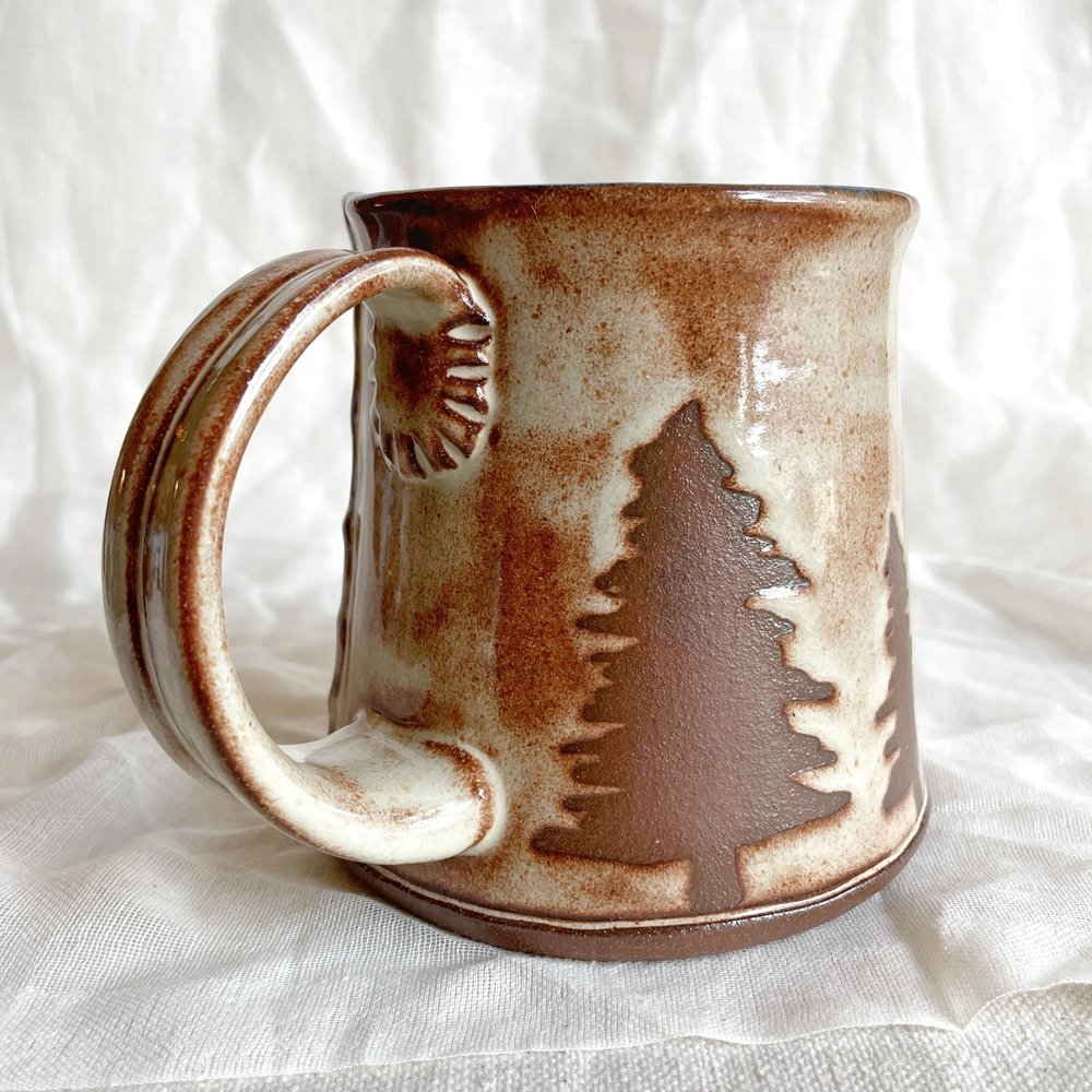 Ceramic Mug with Thumb Rest Handle and Relief Textured Tree Motif