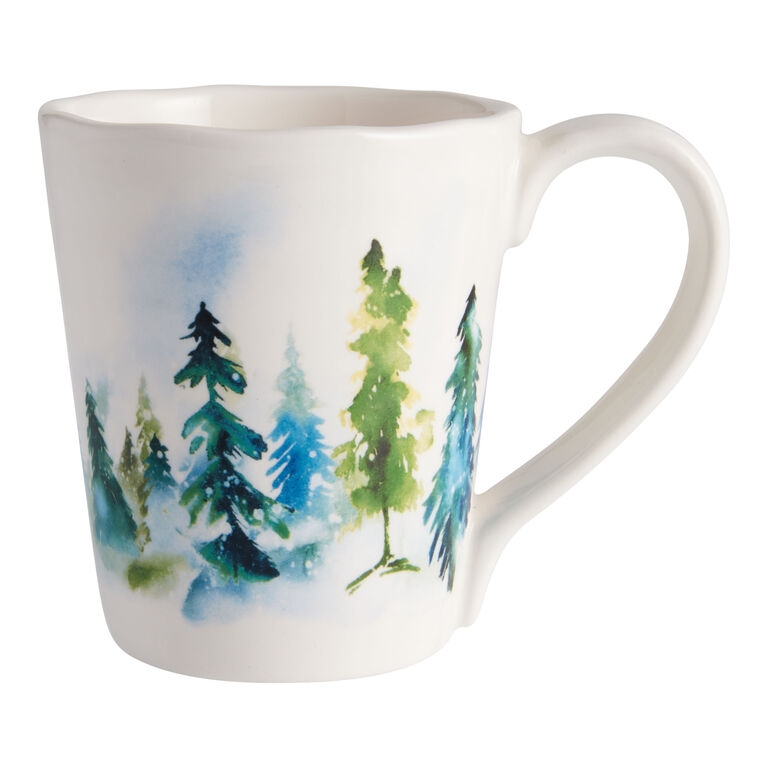 Ceramic Mug with Wavy Rim and Watercolor Evergreen Forest Pattern
