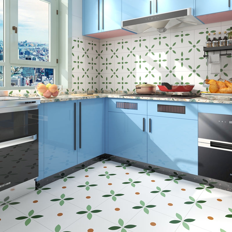 Ceramic Tile Green Petal Pattern and Blue Kitchen Cabinets