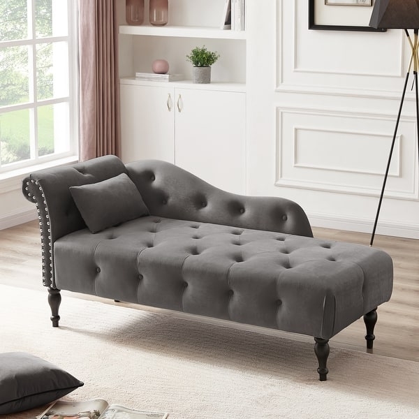 Chaise Longue Button Tufted Charcoal Velvet Lounge Chair
