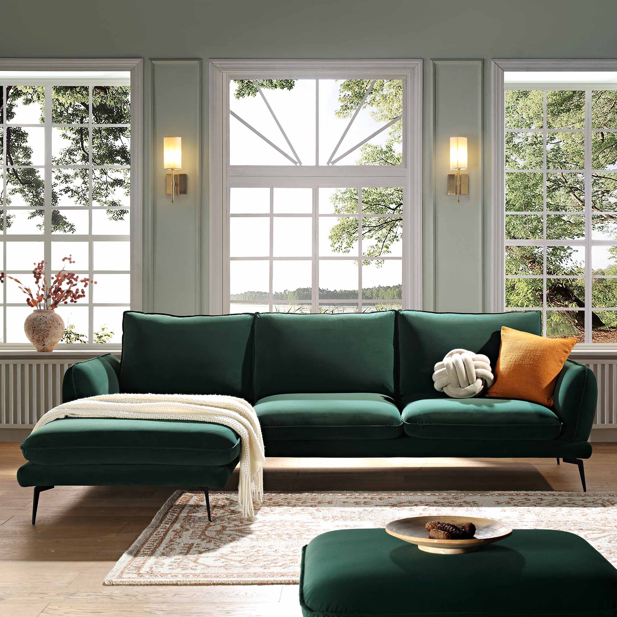 Chaise Sofa With Left Hand Facing Slender Black Legs