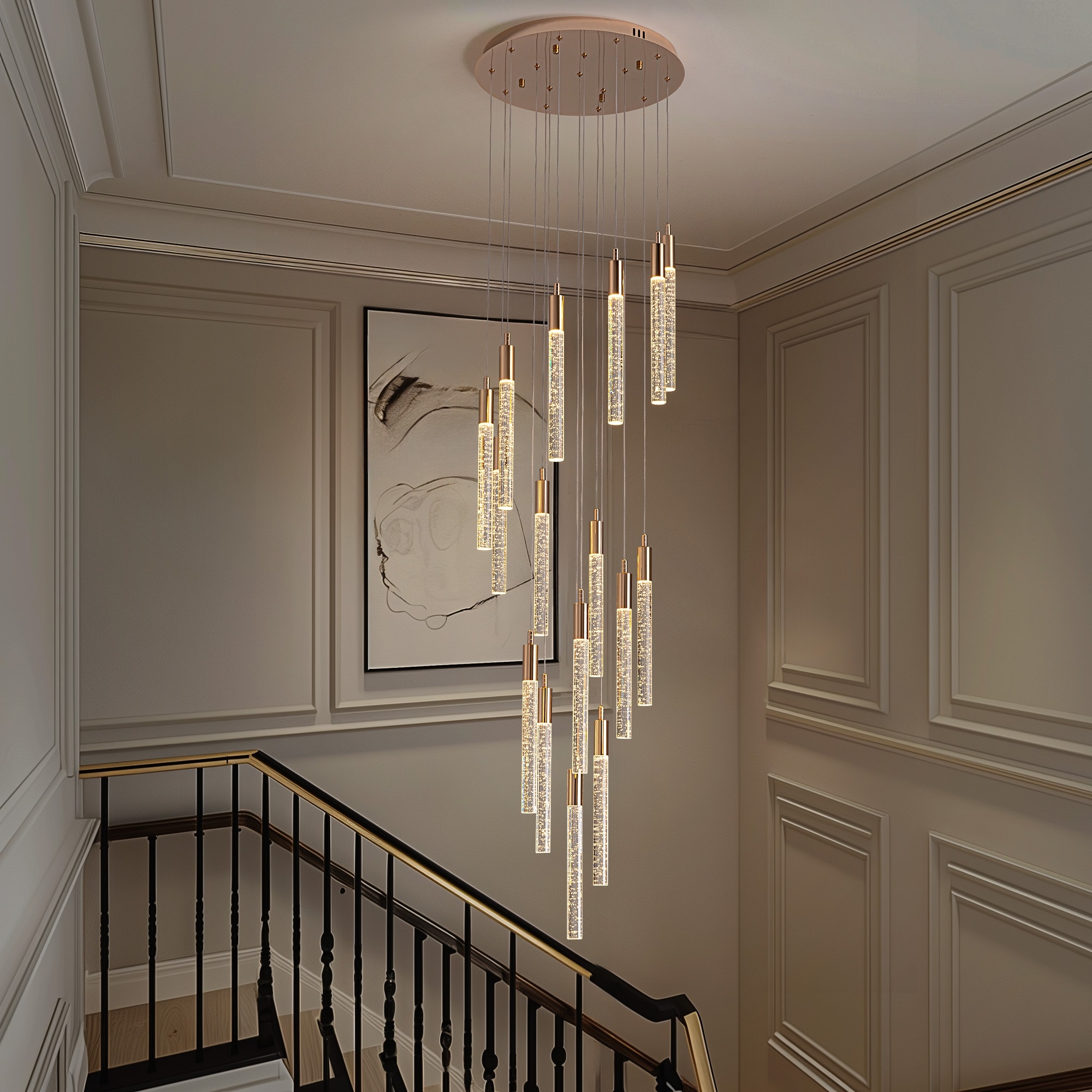 Chandelier 16 Light Spiral with Seeded Glass Cylinders