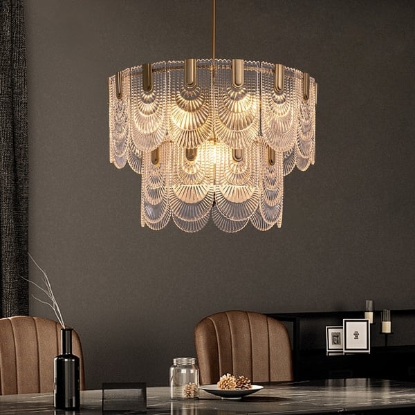 Chandelier 2 Tier Drum Gold Scalloped Ribbed Glass Modern Glam Light