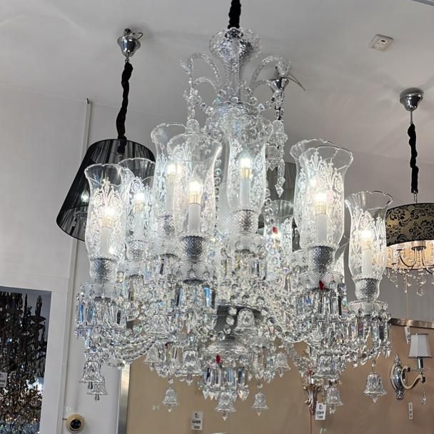 Chandelier Etched Floral Shades with Tiered Hurricane Glass Crystals