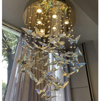 Chandelier Featuring Spiral Suspension Iridescent Butterfly Light