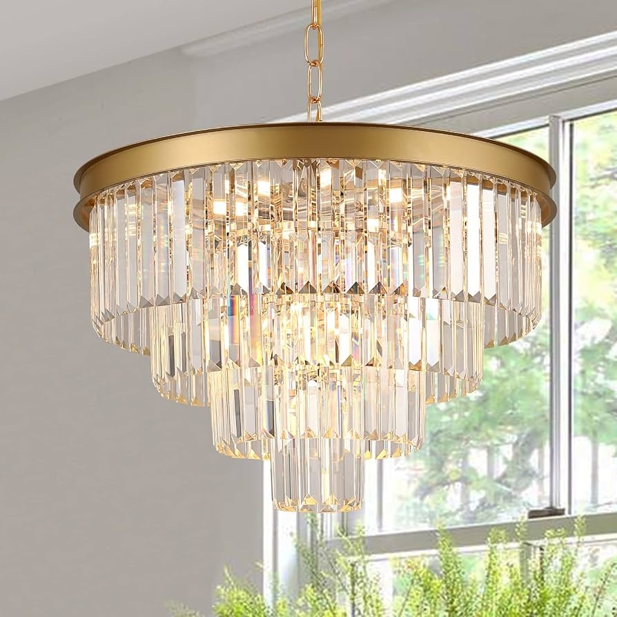Chandelier Four Tier Rectangular Prisms Brass Tiered Pendant Light