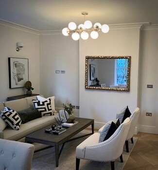 Chandelier Horizontal Linear Bar with Frosted Glass Nine Light Globe