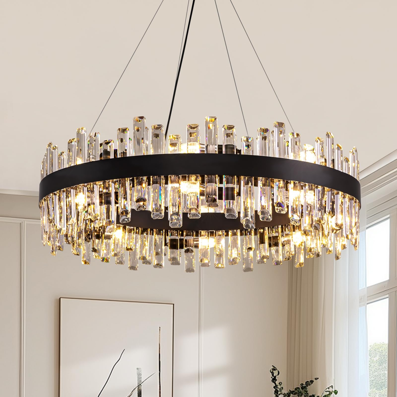 Chandelier Matte Black Ring Prism Modern Industrial Pendant