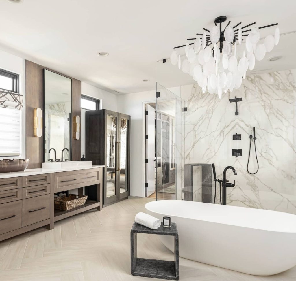 Chandelier showcasing Tiered Disc Lighting Design and Marble