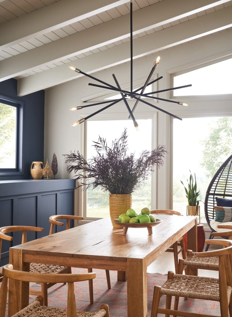 Chandelier: spiky black chandelier dining with wishbone chairs