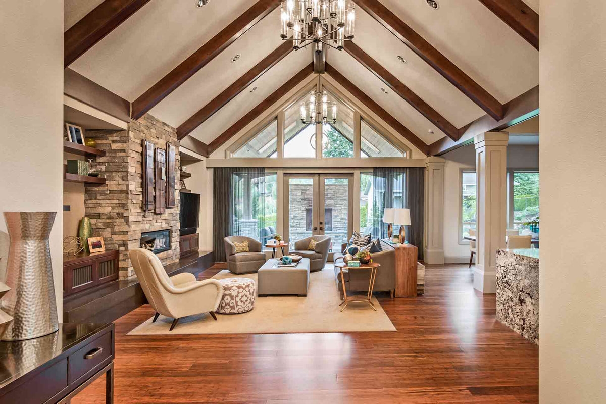 Chandelier: tiered chandelier high ceiling with gabled windows