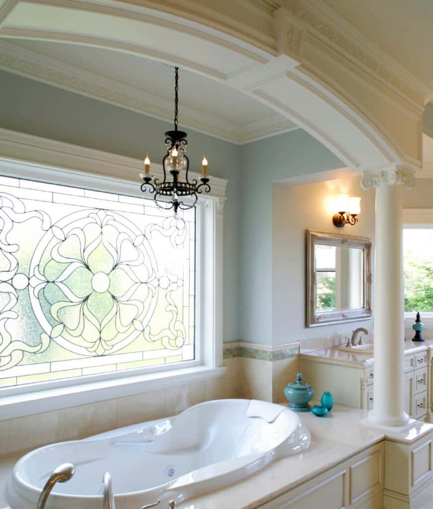 Chandelier utilizing Candle Style Arms and Leaded Glass Window