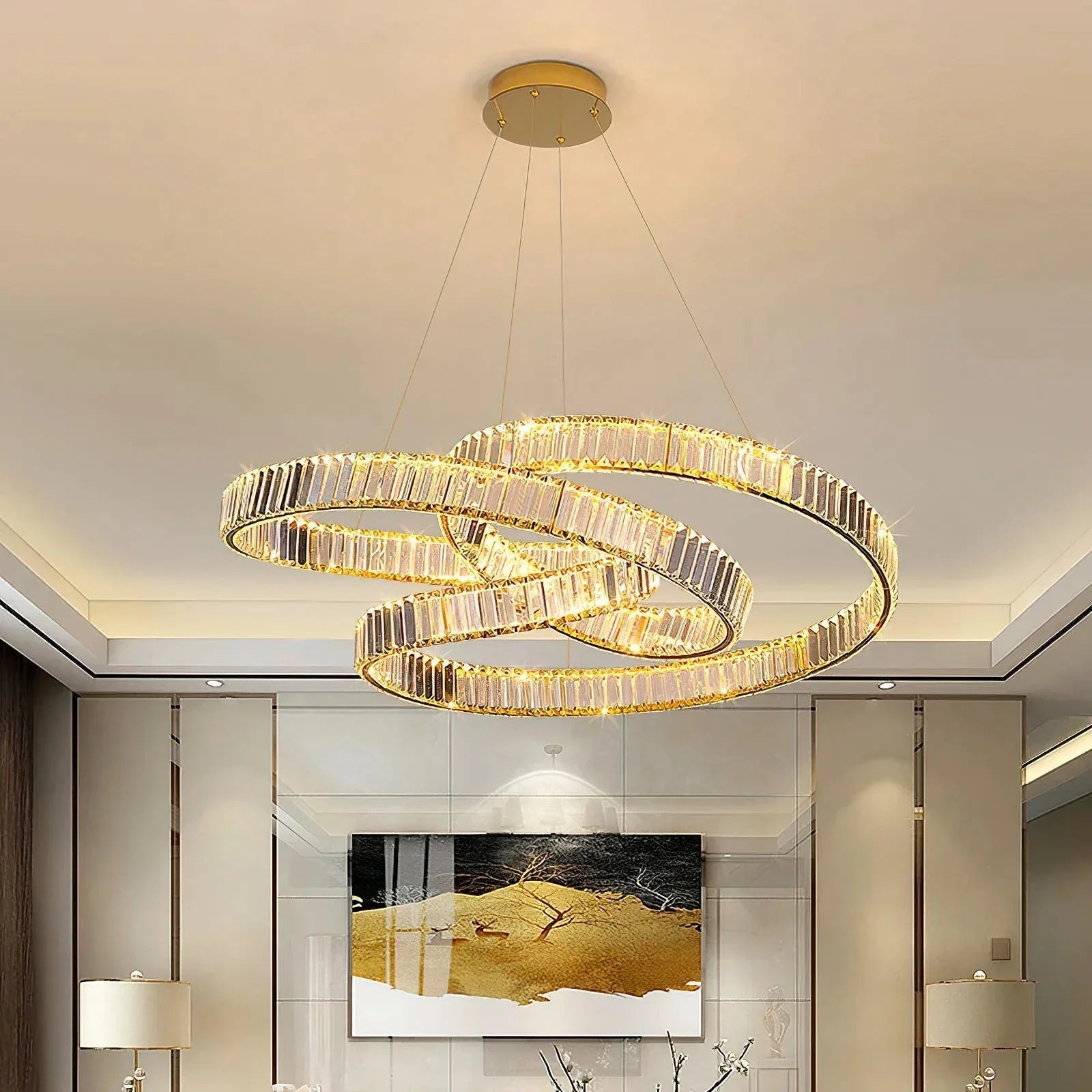 Chandelier Vertical Crystal Prisms Geometric Triple Ring Chandelier