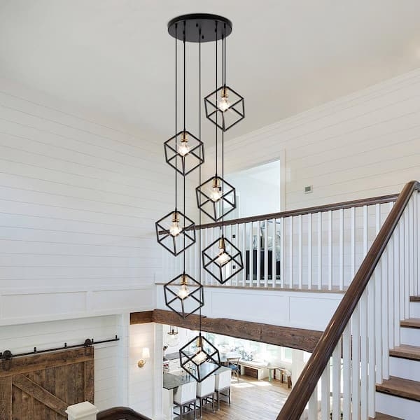 Chandelier with Geometric Cubes in 7 Light Cluster Spiral