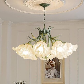 Chandelier with Sage Green Frame and Flower Glass Petals