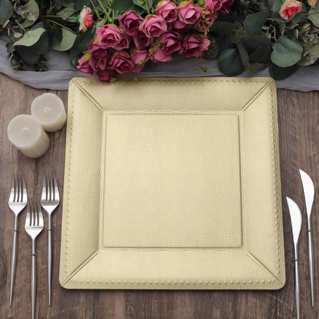 Charger Plate Champagne Leather Textured Square Beaded Edge