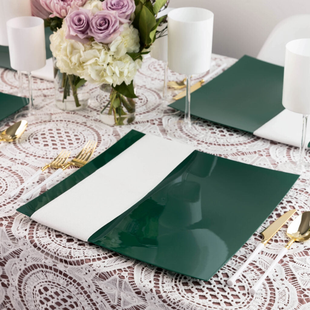 Charger Plate Forest Green Gloss Square Shape Lace Style