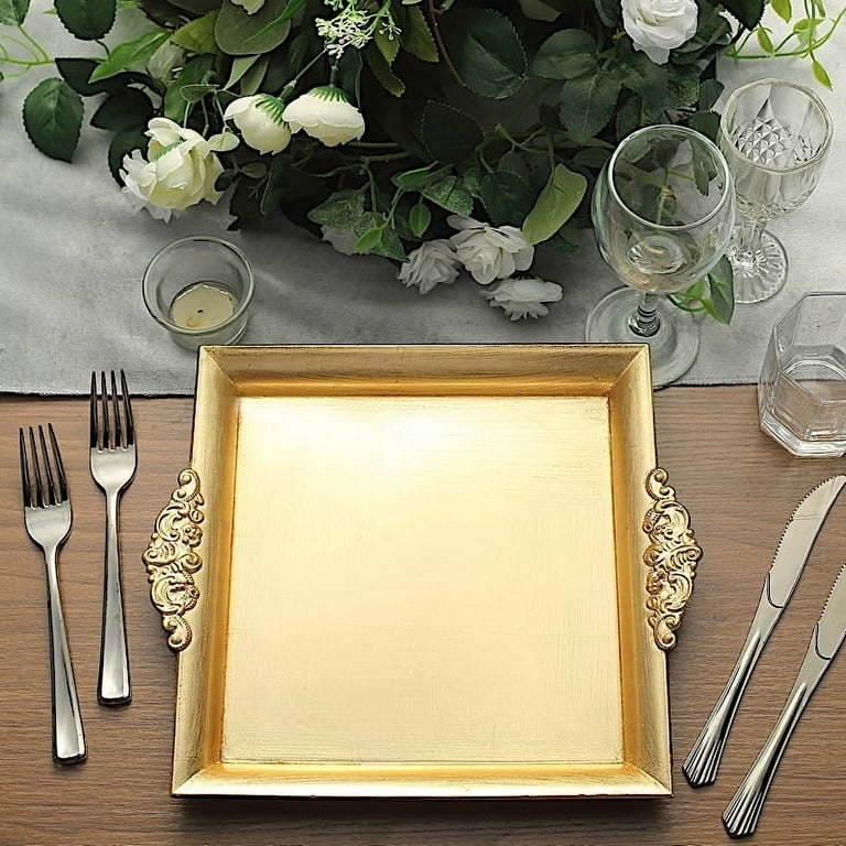 Charger Plate Ornate Gold Square Base with Scrollwork Handles