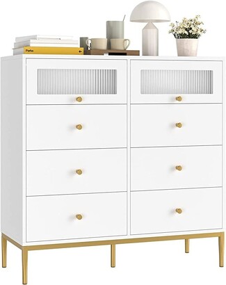 Chest Of Drawers Ribbed Glass Fronts Modern Glam 8-Drawer
