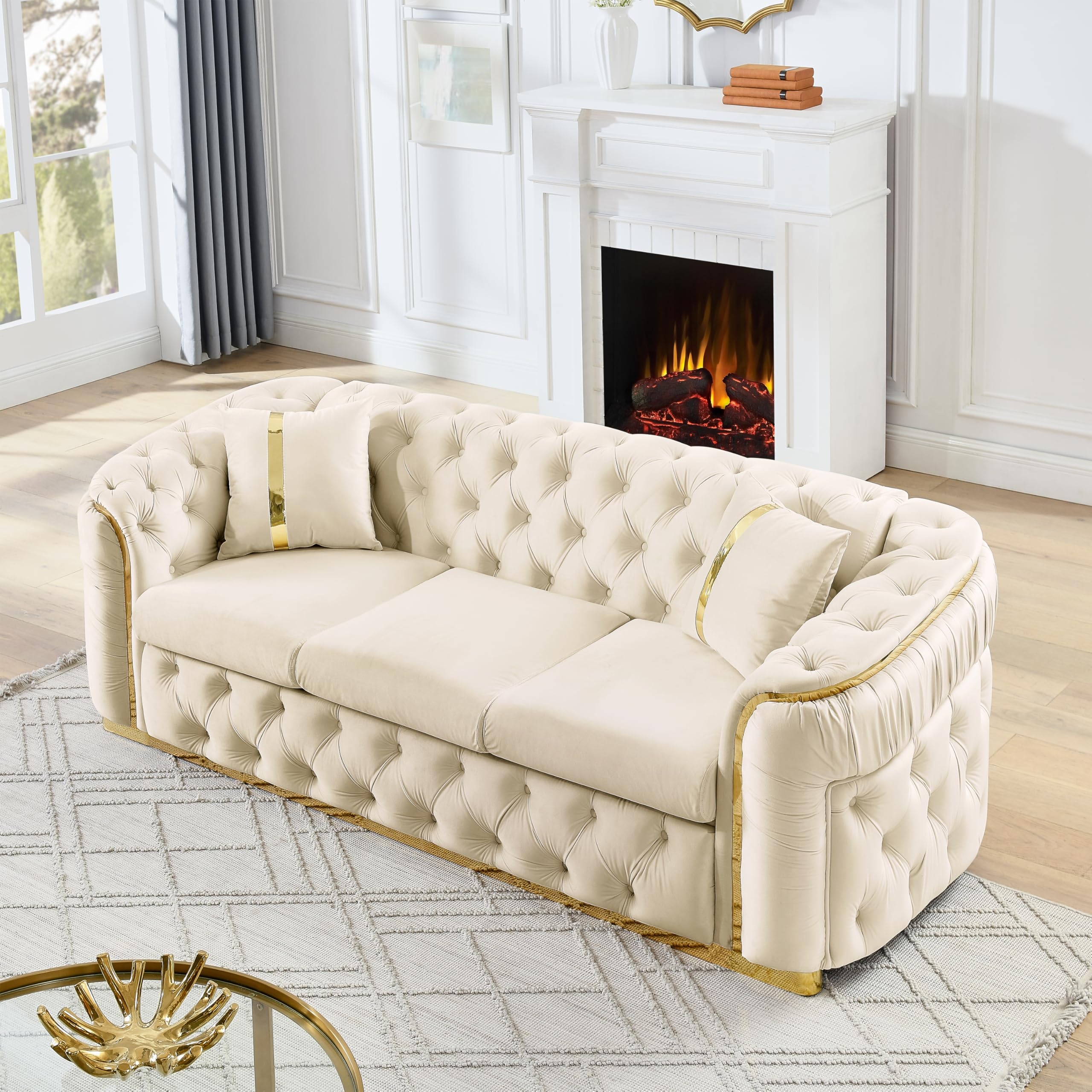 Chesterfield Sofa featuring Gold Trim Accents and Cream Beige