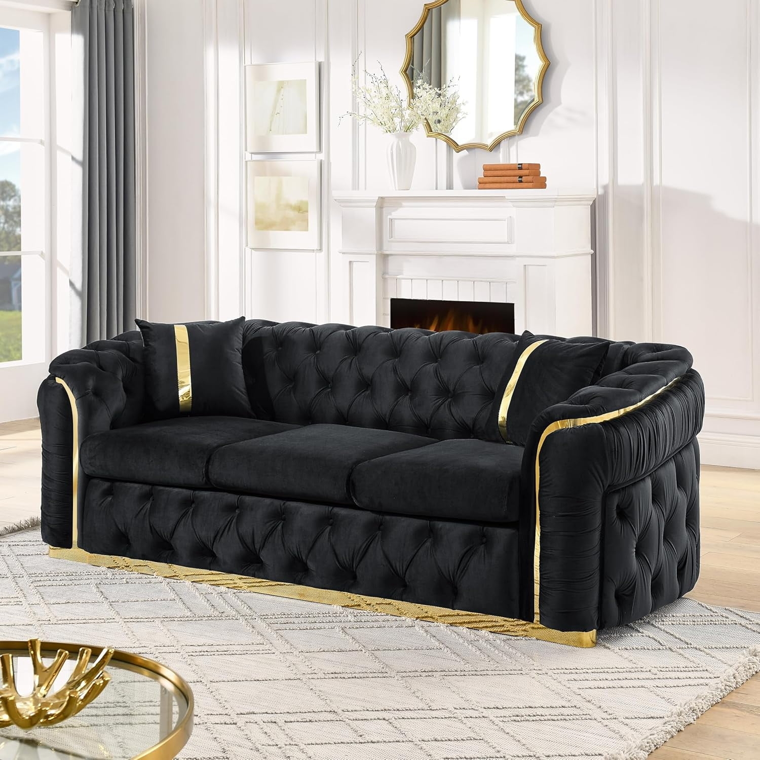 Chesterfield Sofa in Jet Black Velvet and Gold Trim Sofa