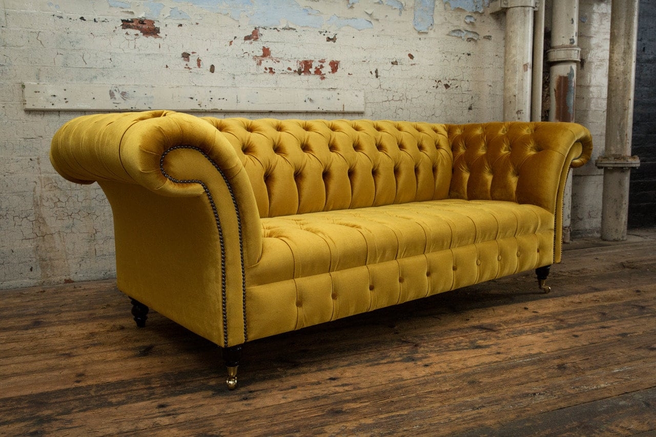 Chesterfield Sofa in Mustard Velvet with Deep Button Tufting
