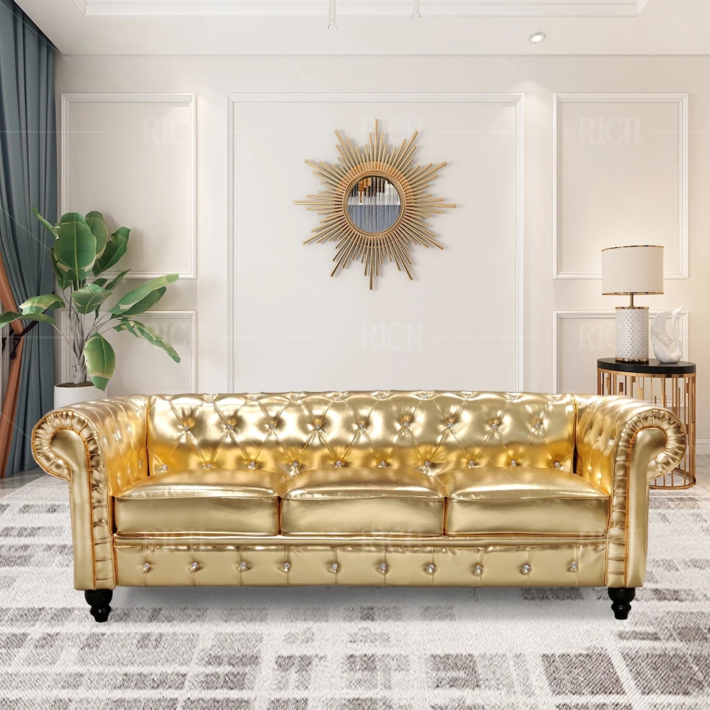 Chesterfield Sofa with Crystal Button Tufting and Gold Shine