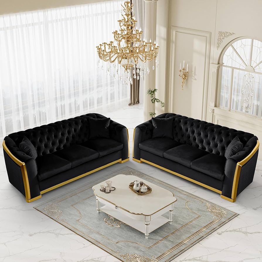 Chesterfield Sofa with Gold Stainless Steel Legs and Tufting