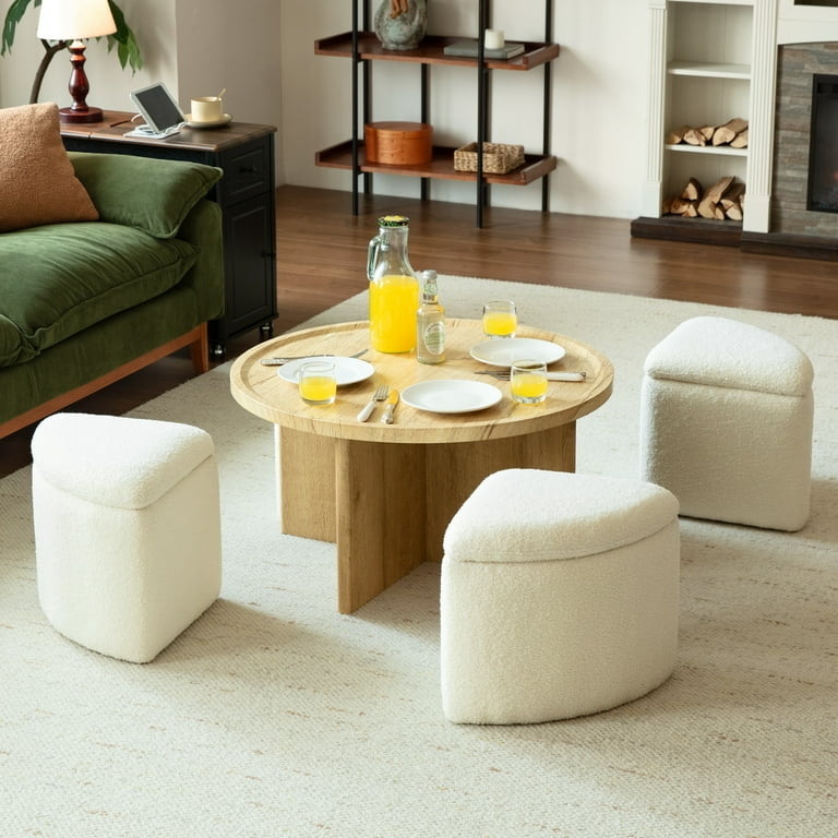 Chic Coffee Table Set featuring Bouclé Nesting Stools
