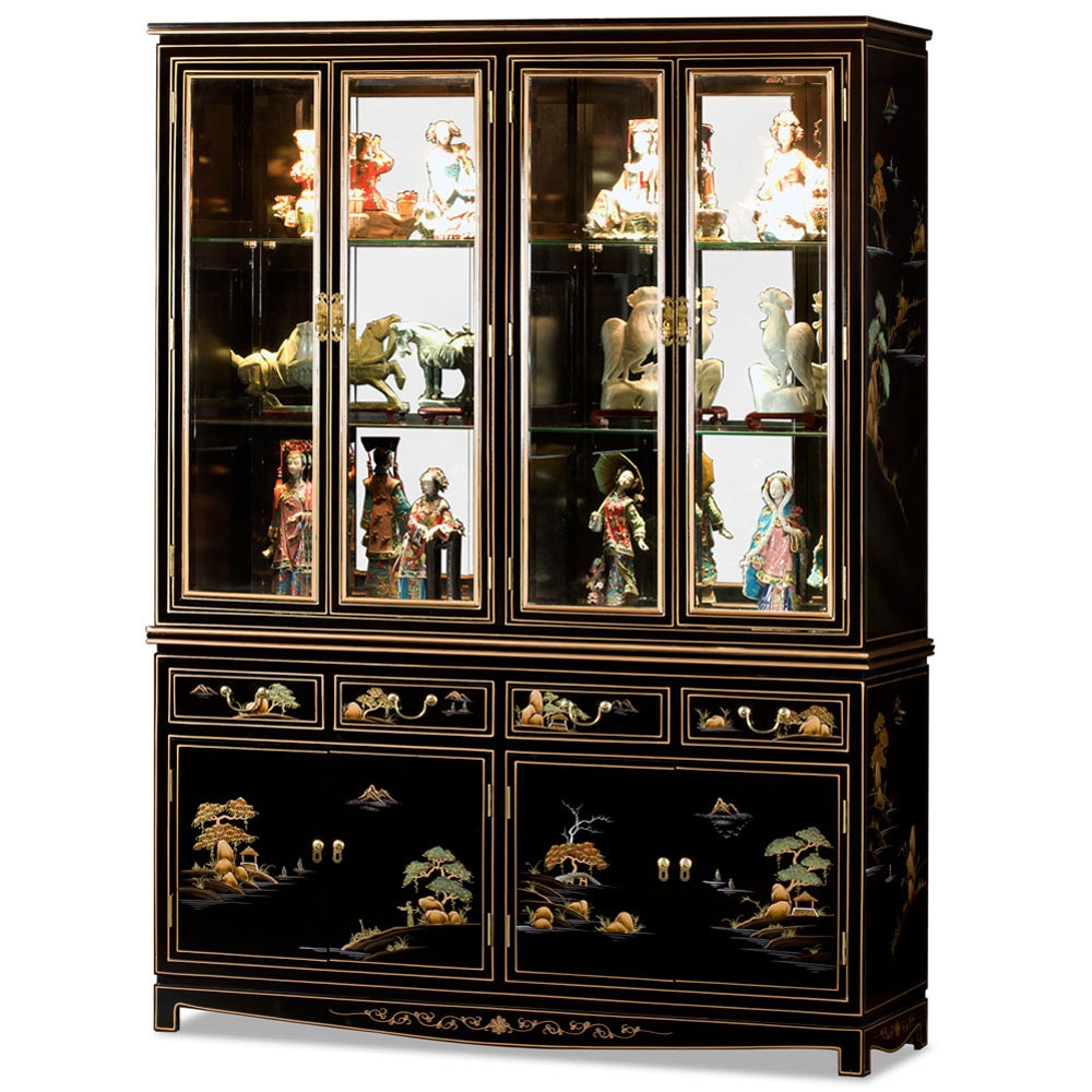 China Cabinet Chinoiserie Display Hutch with Landscape Motifs