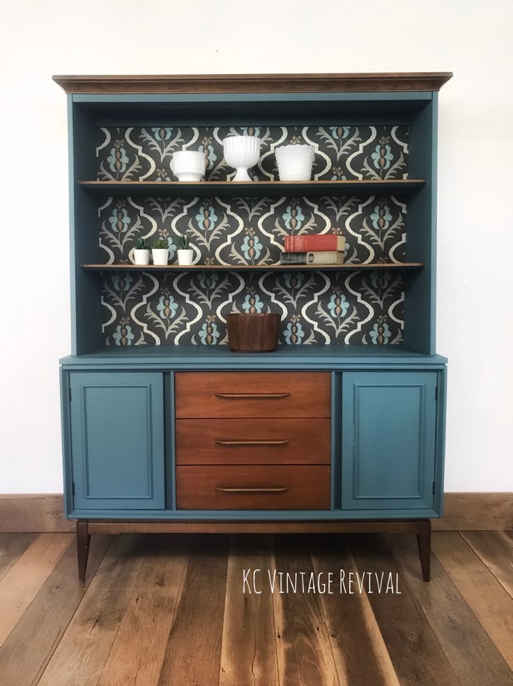 China Cabinet Damask Backing Painted Teal Restored