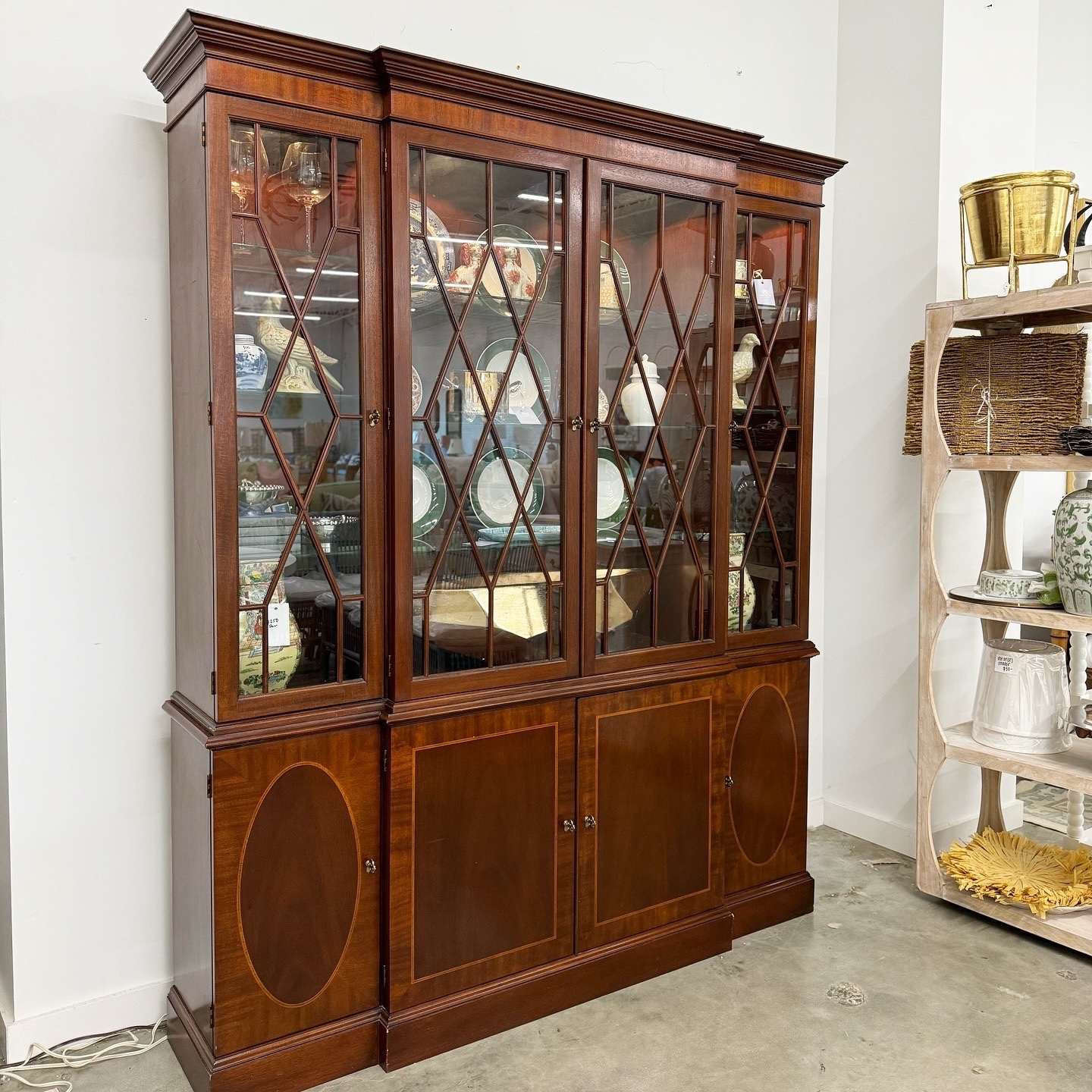 China Cabinet: Diamond Fretwork and Inlaid Oval Wood Panels