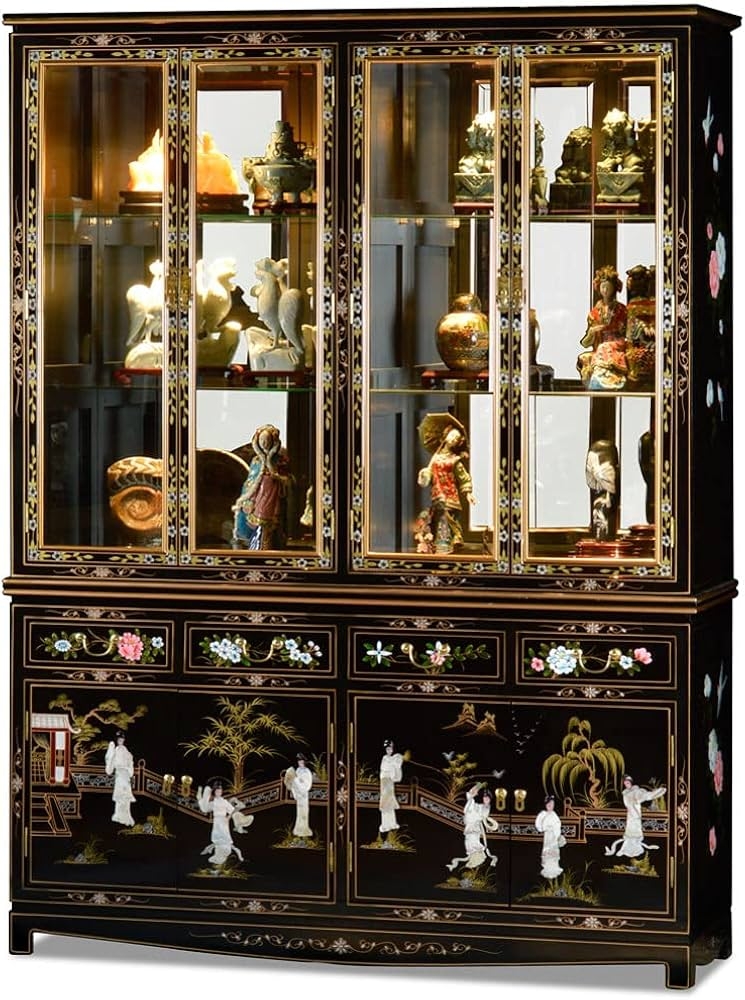 China Cabinet Mother of Pearl Hutch with Hand Painted Details