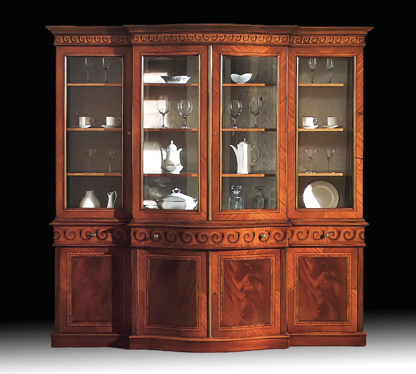 China Cabinet: Scrollwork Frieze and Burl Wood Dining Storage