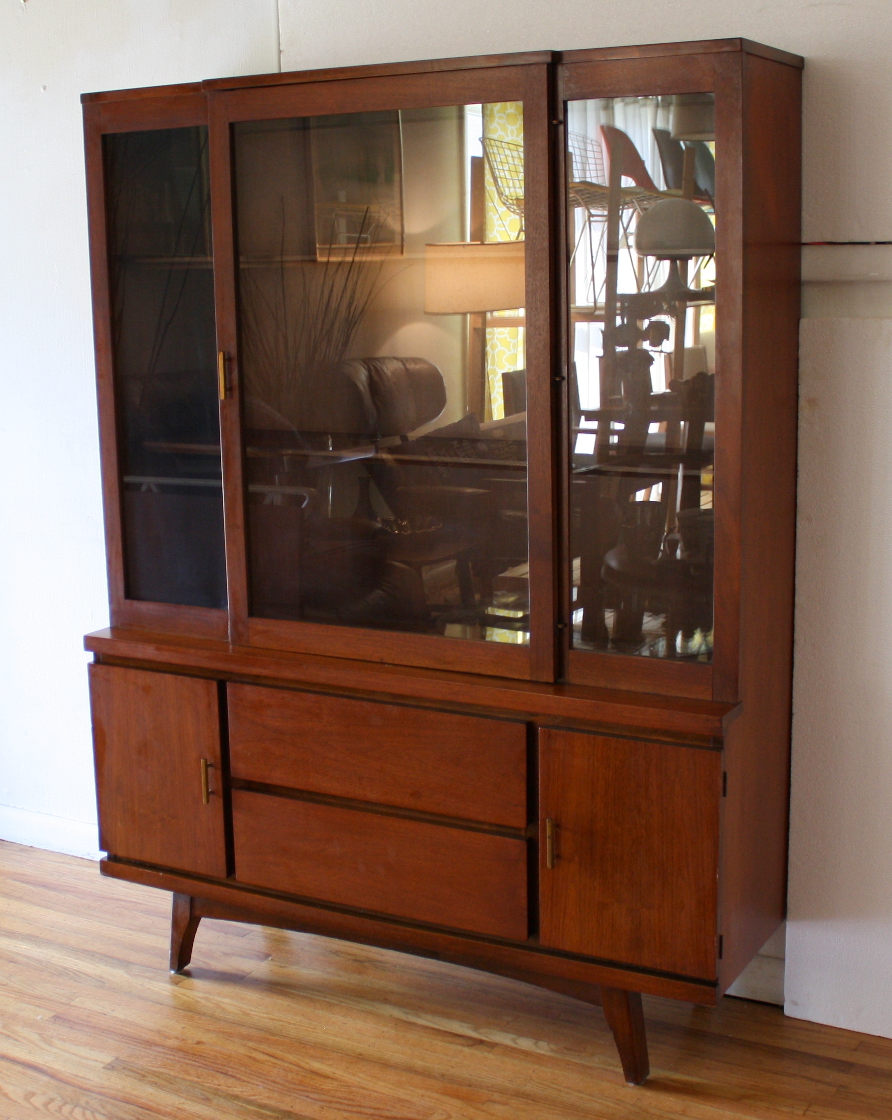 China Cabinet Three Pane Glass Top Tapered Leg Wood