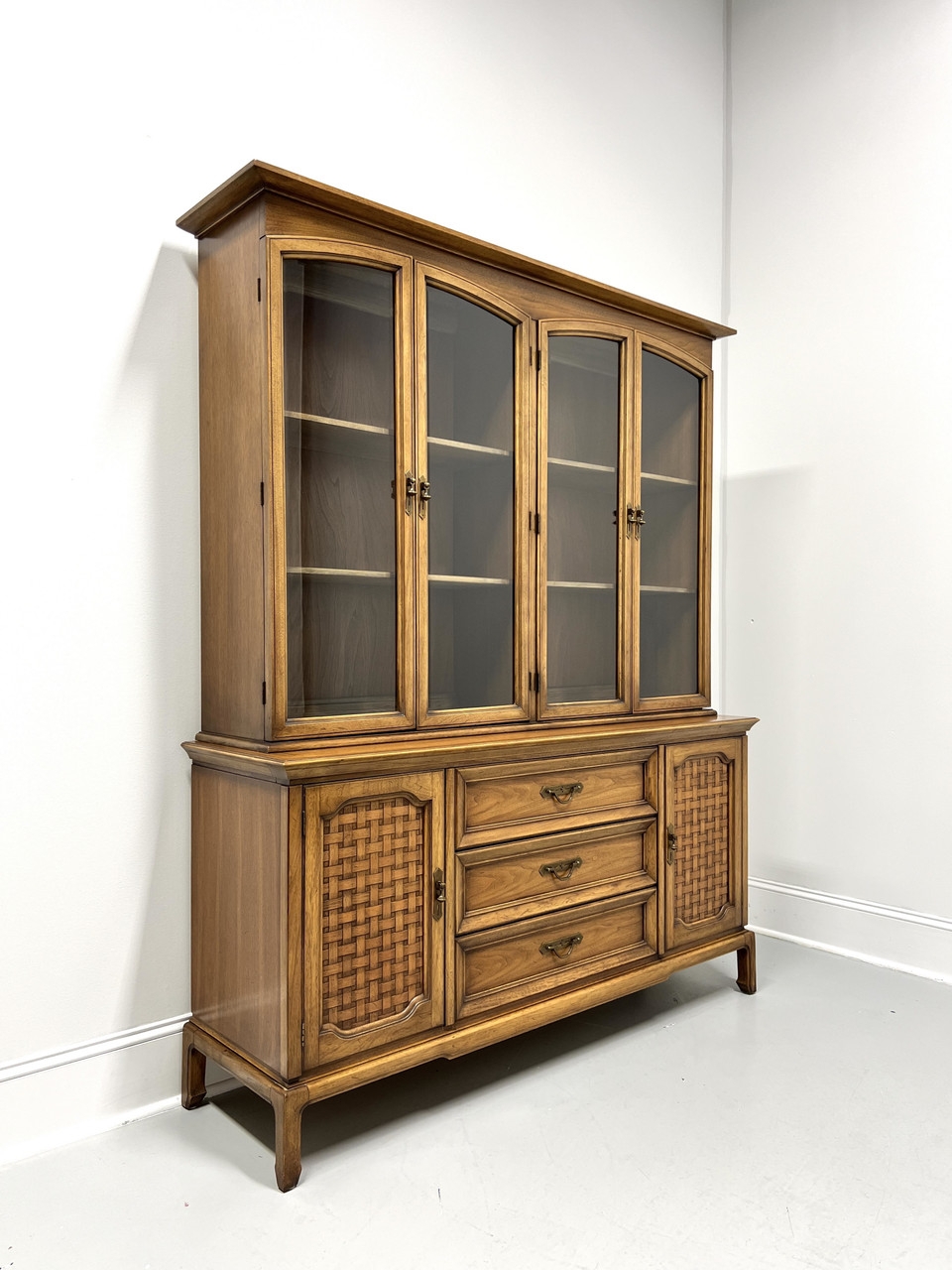 China Cabinet Woven Cane Panels Arched Door Pecan