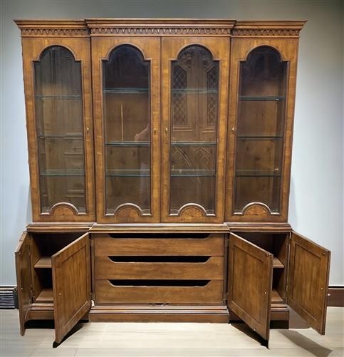 China Hutch Arched Doors Dental Molding Vintage Brown