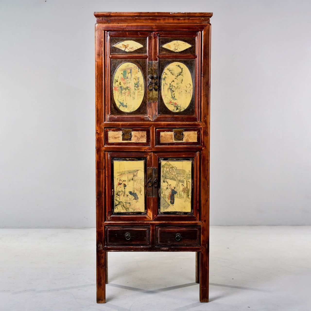 Chinese Cabinet Painted Opera Scene Panels with Narrow Profile